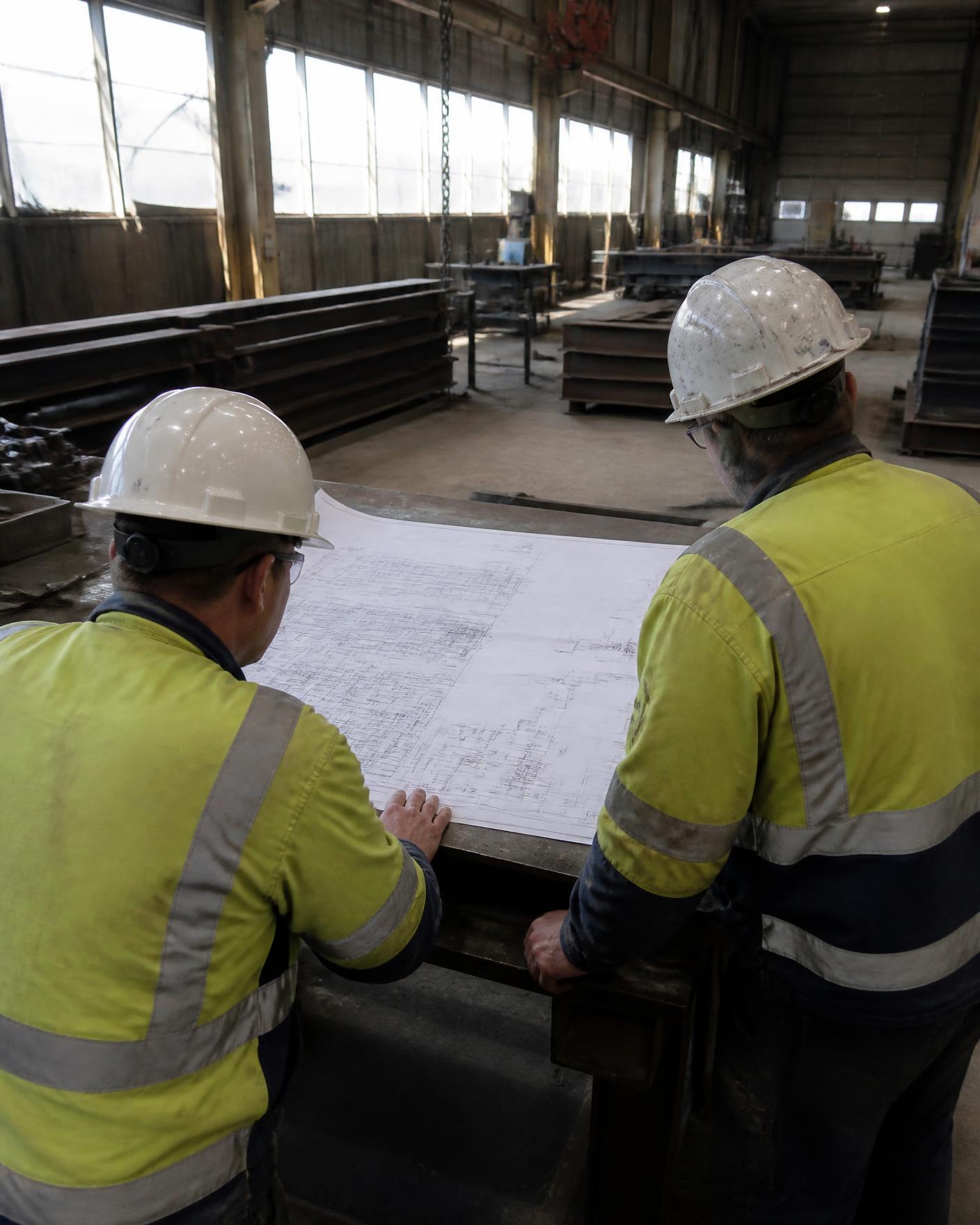 Two engineers studying a technical drawing on the factory floor