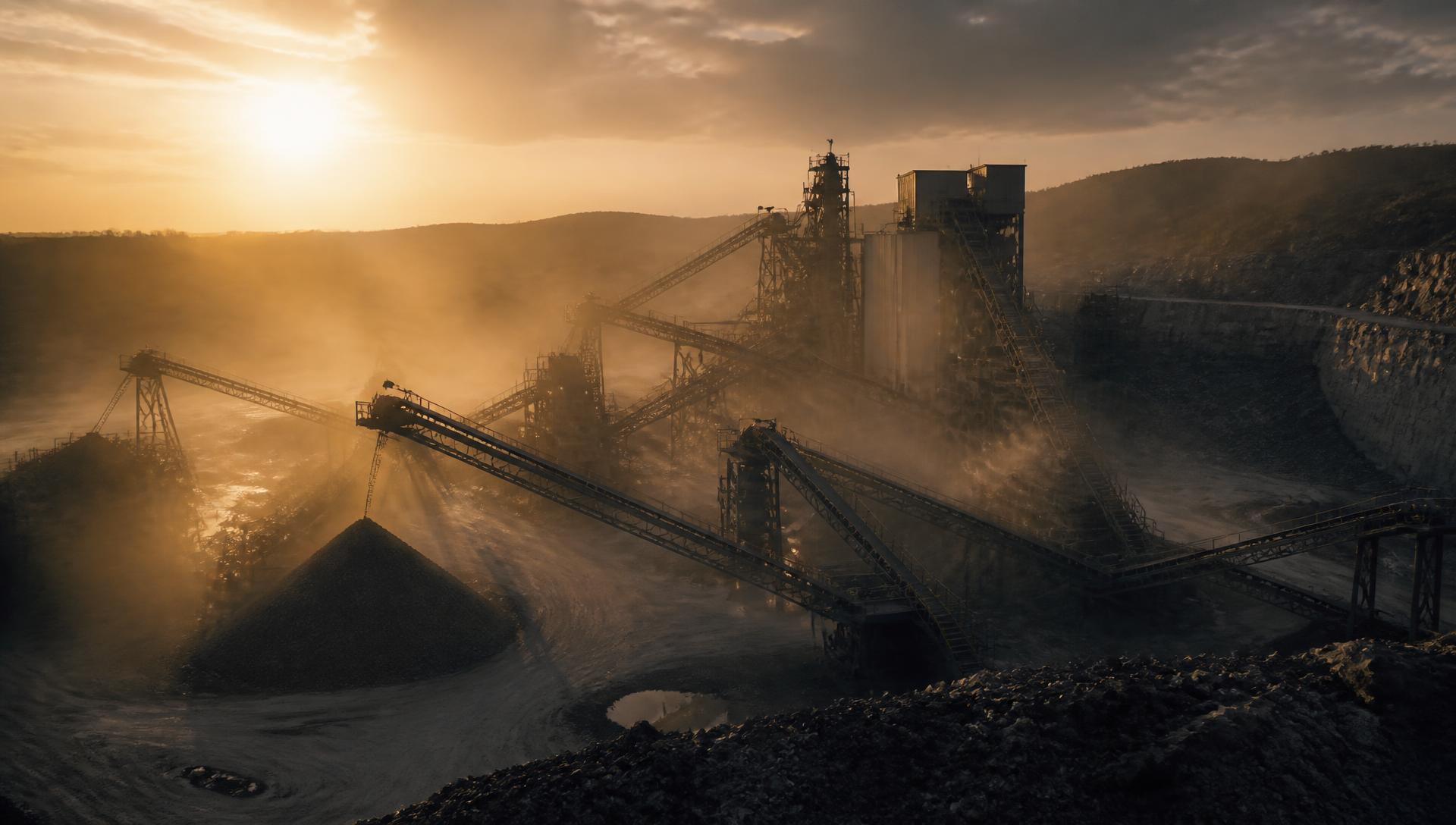 Singh Crushers plant at dusk, conveyors and dust in low sun