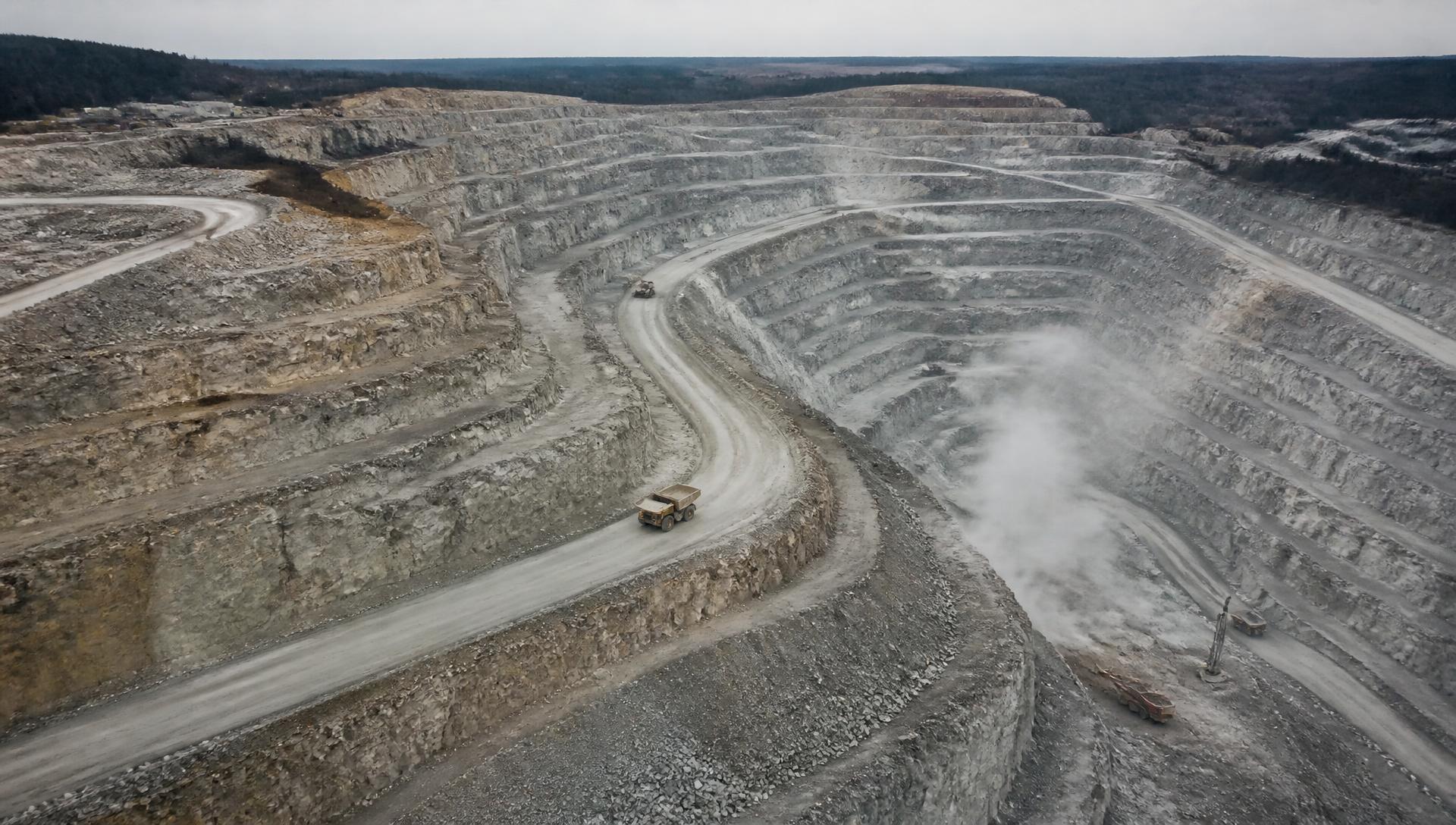 Aerial view of a terraced limestone quarry with haul trucks